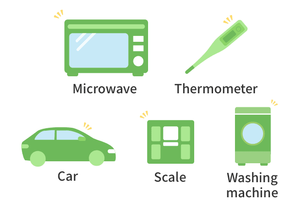 An illustration of buzzers at work in machines: a microwave oven, thermometer, car, scale, and washing machine.