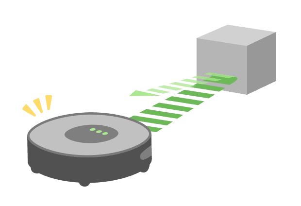 An illustration of a vacuum cleaner robot using an ultrasonic sensor. The ultrasound hits the obstacle and comes back. That’s how it cleans without running into walls!